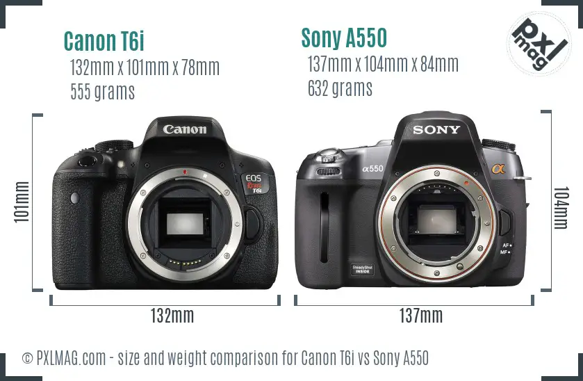 Canon T6i vs Sony A550 size comparison