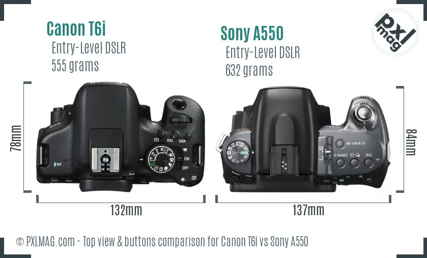 Canon T6i vs Sony A550 top view buttons comparison