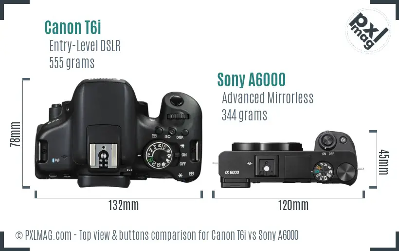 Canon T6i vs Sony A6000 top view buttons comparison