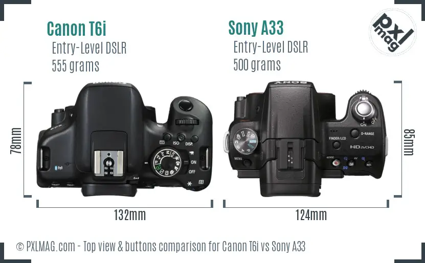 Canon T6i vs Sony A33 top view buttons comparison