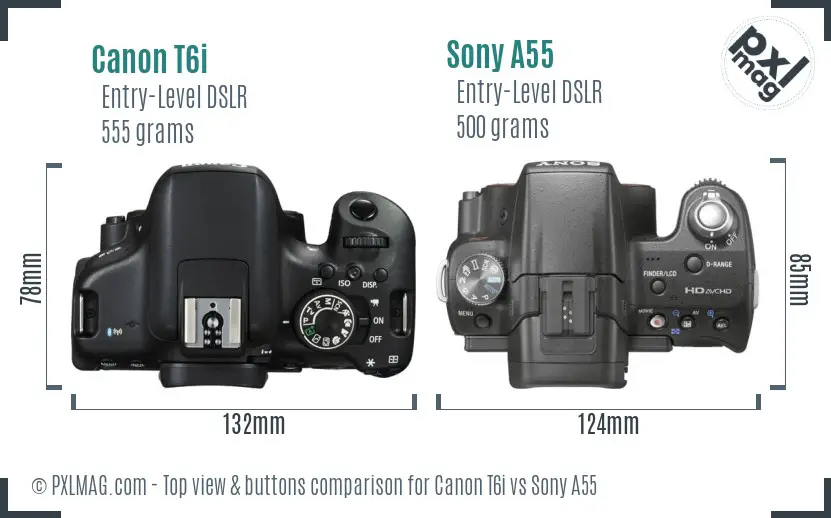 Canon T6i vs Sony A55 top view buttons comparison