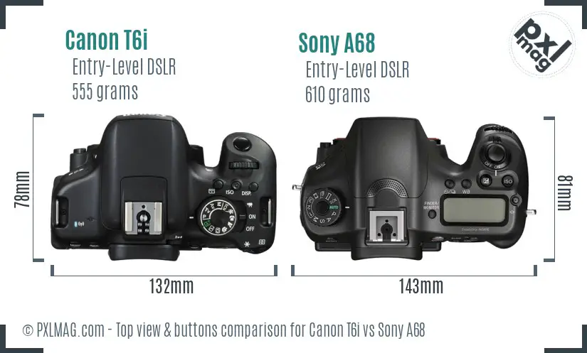 Canon T6i vs Sony A68 top view buttons comparison