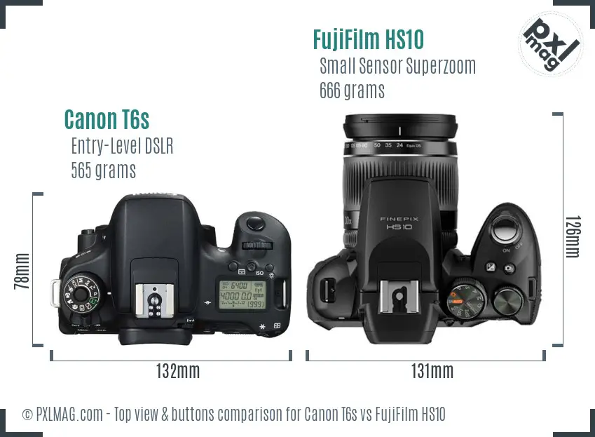Canon T6s vs FujiFilm HS10 top view buttons comparison