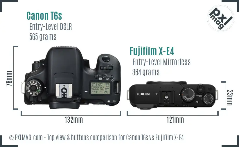 Canon T6s vs Fujifilm X-E4 top view buttons comparison