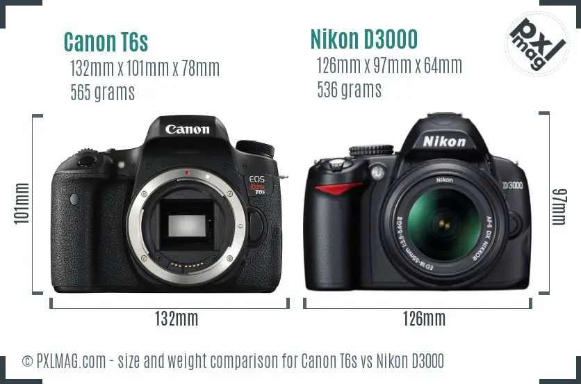 Canon T6s vs Nikon D3000 size comparison