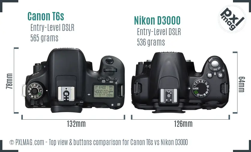 Canon T6s vs Nikon D3000 top view buttons comparison