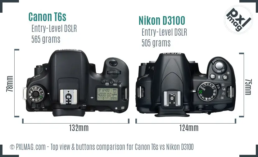 Canon T6s vs Nikon D3100 top view buttons comparison