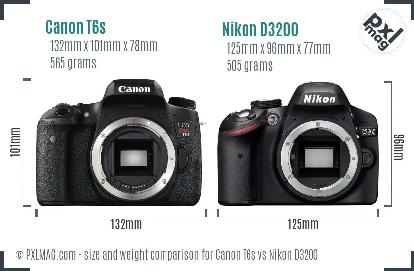 Canon T6s vs Nikon D3200 size comparison