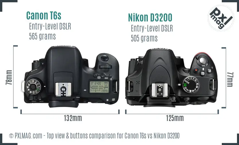 Canon T6s vs Nikon D3200 top view buttons comparison