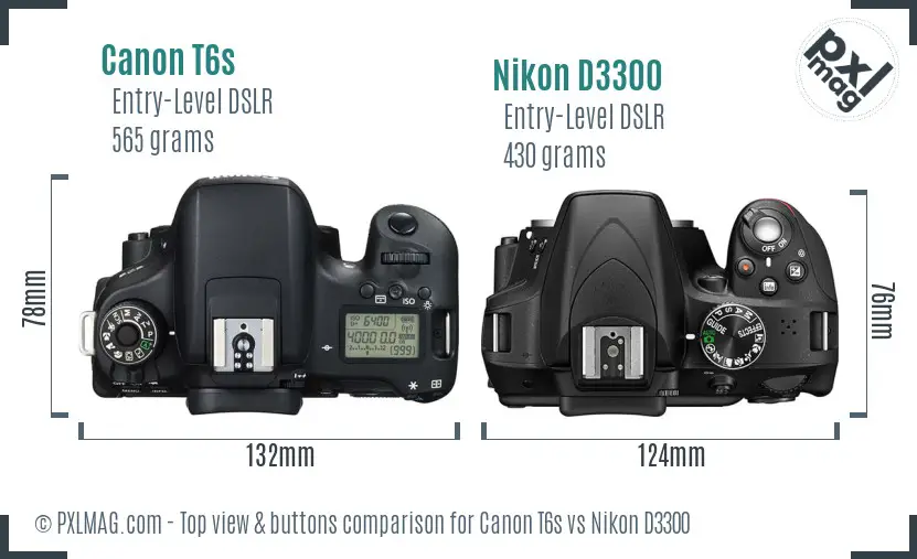 Canon T6s vs Nikon D3300 top view buttons comparison