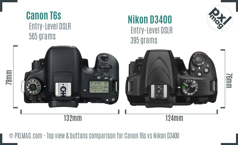 Canon T6s vs Nikon D3400 top view buttons comparison
