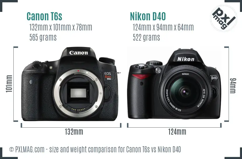 Canon T6s vs Nikon D40 size comparison