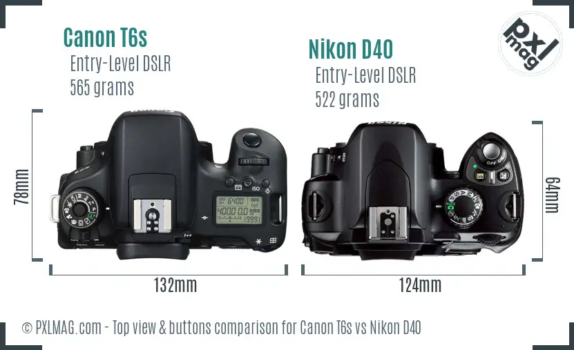 Canon T6s vs Nikon D40 top view buttons comparison