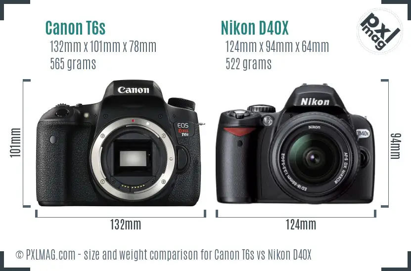 Canon T6s vs Nikon D40X size comparison
