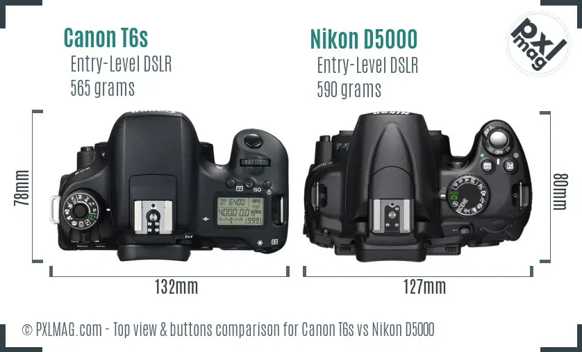Canon T6s vs Nikon D5000 top view buttons comparison