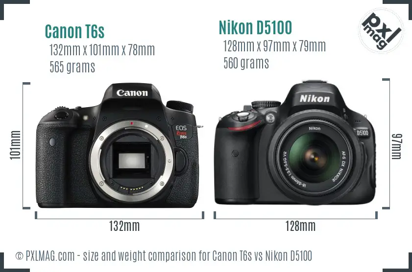 Canon T6s vs Nikon D5100 size comparison
