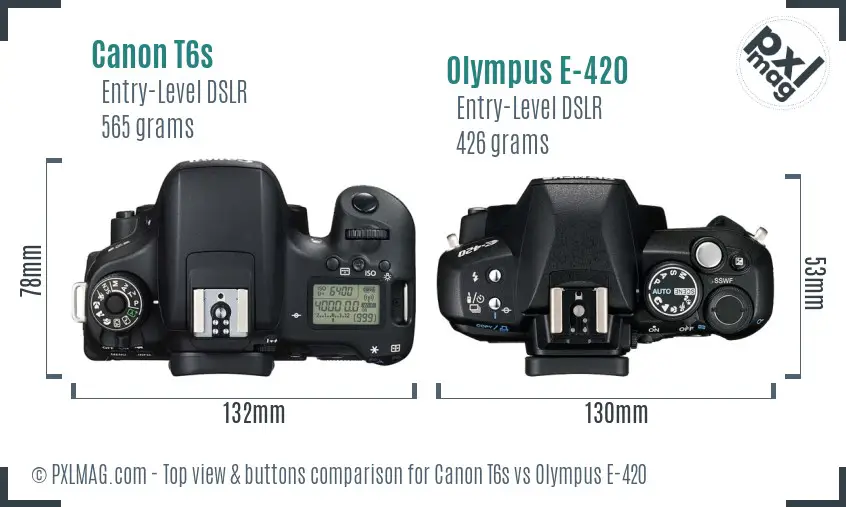 Canon T6s vs Olympus E-420 top view buttons comparison