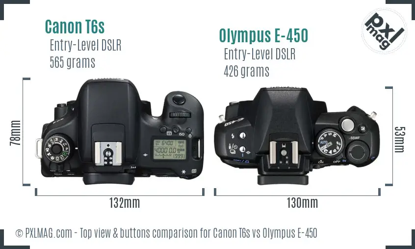 Canon T6s vs Olympus E-450 top view buttons comparison