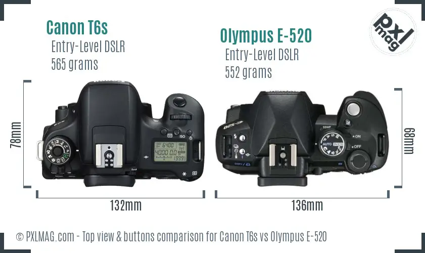 Canon T6s vs Olympus E-520 top view buttons comparison