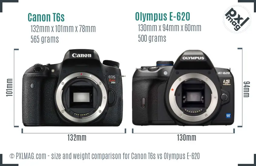 Canon T6s vs Olympus E-620 size comparison