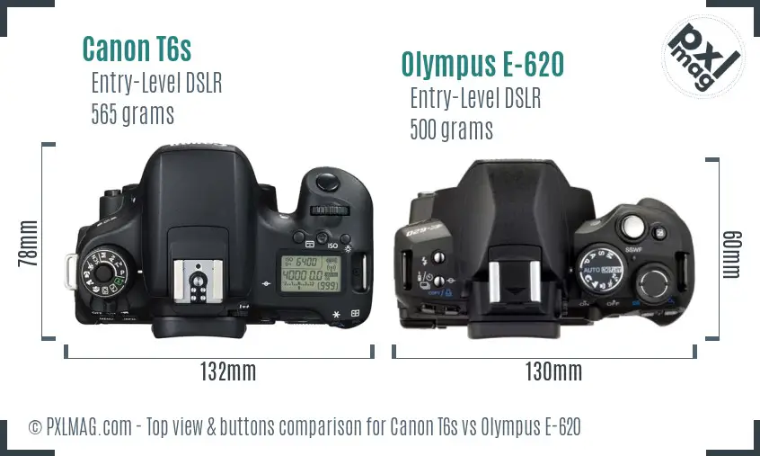 Canon T6s vs Olympus E-620 top view buttons comparison