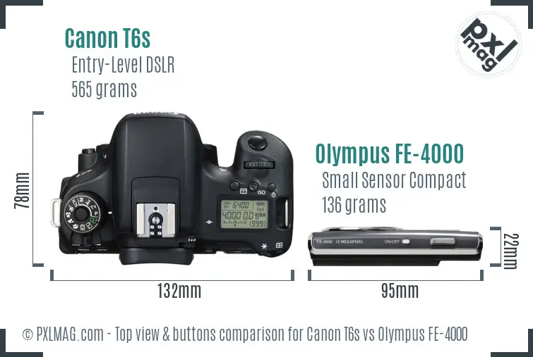Canon T6s vs Olympus FE-4000 top view buttons comparison