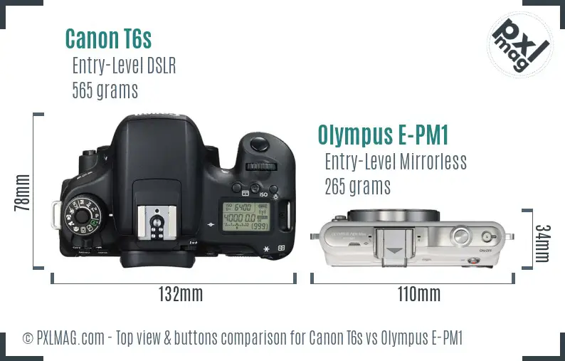 Canon T6s vs Olympus E-PM1 top view buttons comparison