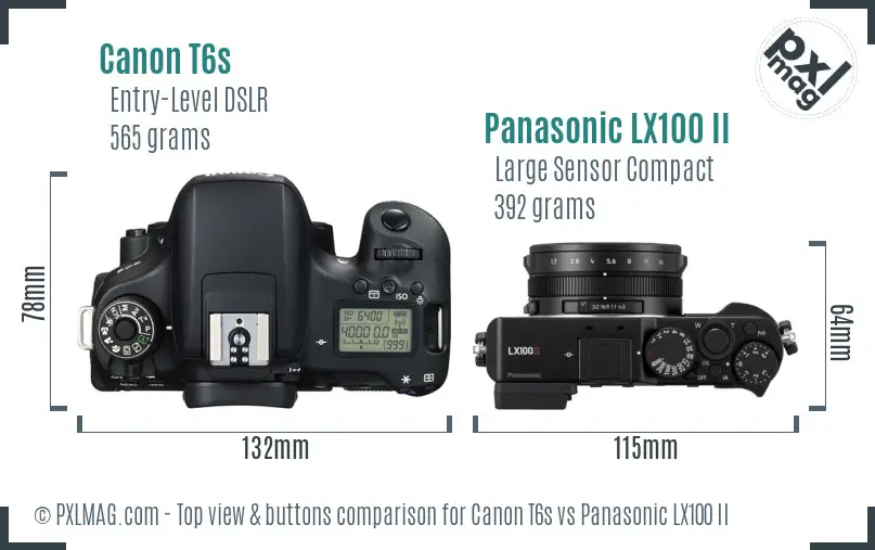 Canon T6s vs Panasonic LX100 II top view buttons comparison