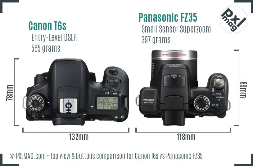 Canon T6s vs Panasonic FZ35 top view buttons comparison