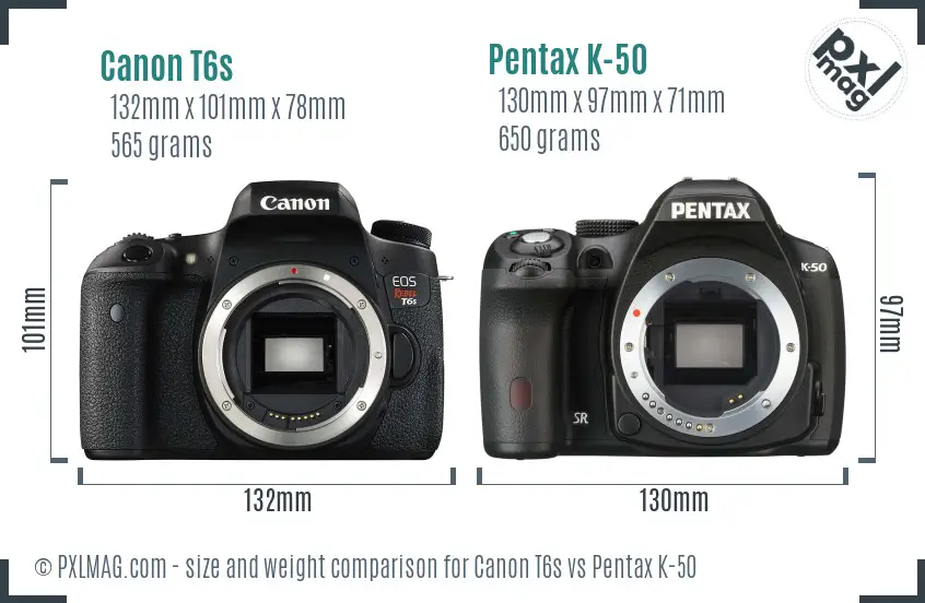 Canon T6s vs Pentax K-50 size comparison