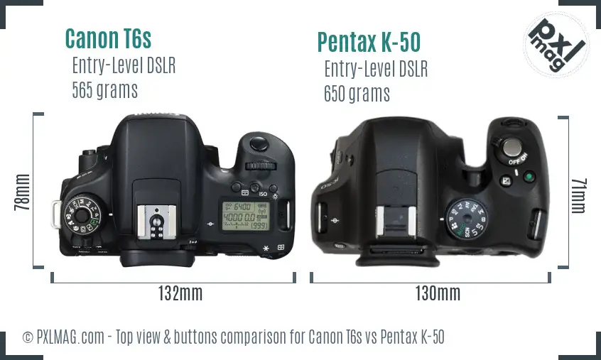 Canon T6s vs Pentax K-50 top view buttons comparison