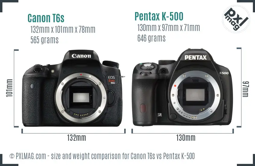 Canon T6s vs Pentax K-500 size comparison