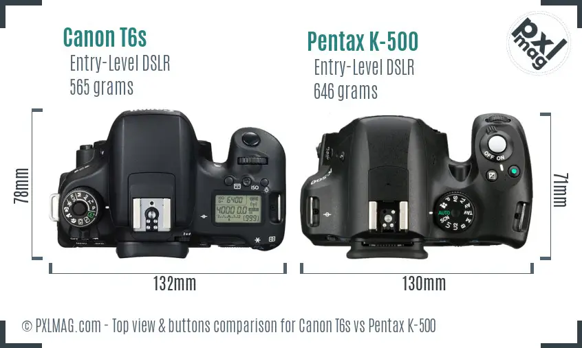 Canon T6s vs Pentax K-500 top view buttons comparison