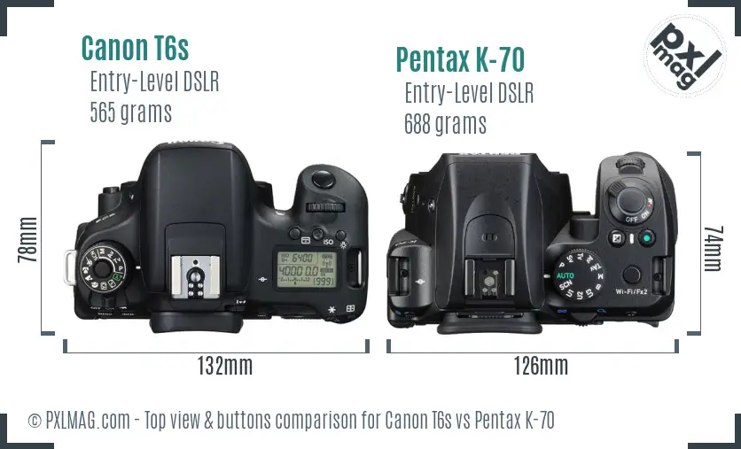 Canon T6s vs Pentax K-70 top view buttons comparison