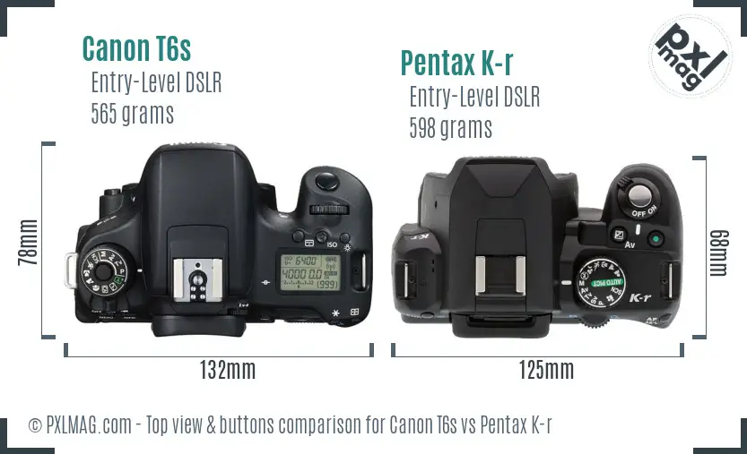 Canon T6s vs Pentax K-r top view buttons comparison