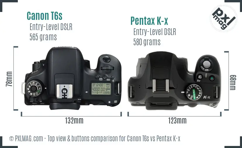 Canon T6s vs Pentax K-x top view buttons comparison