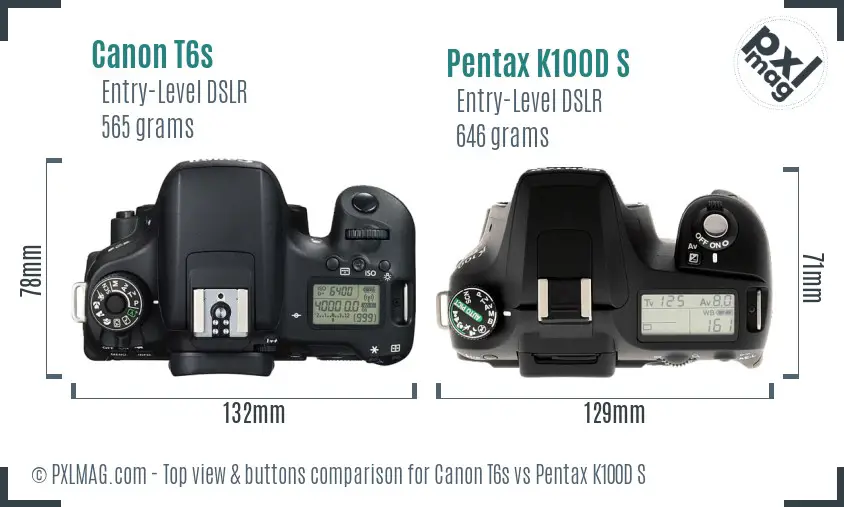 Canon T6s vs Pentax K100D S top view buttons comparison