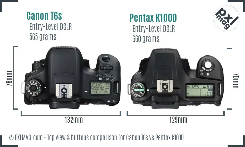 Canon T6s vs Pentax K100D top view buttons comparison