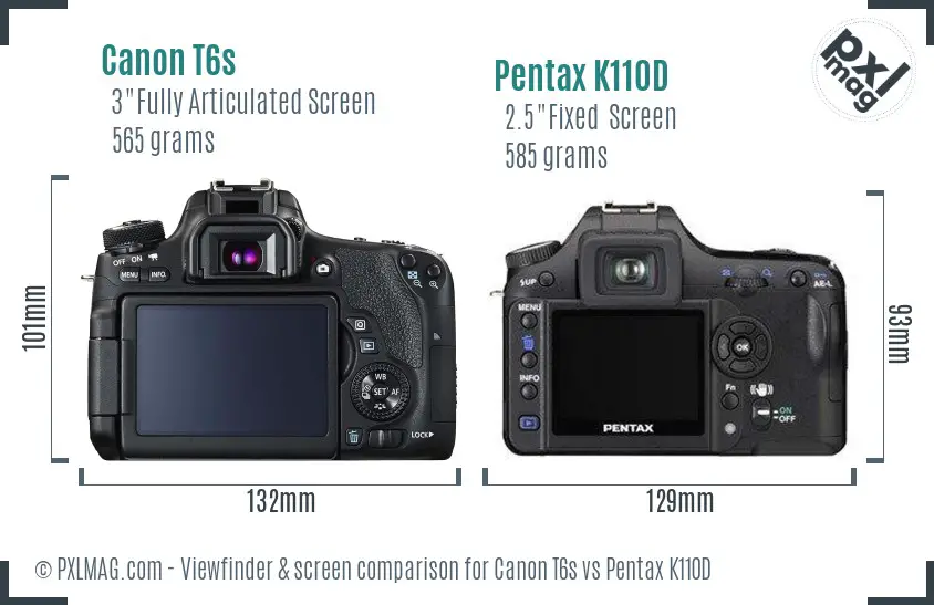 Canon T6s vs Pentax K110D Screen and Viewfinder comparison