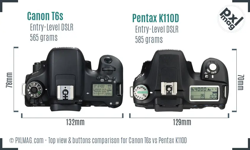 Canon T6s vs Pentax K110D top view buttons comparison