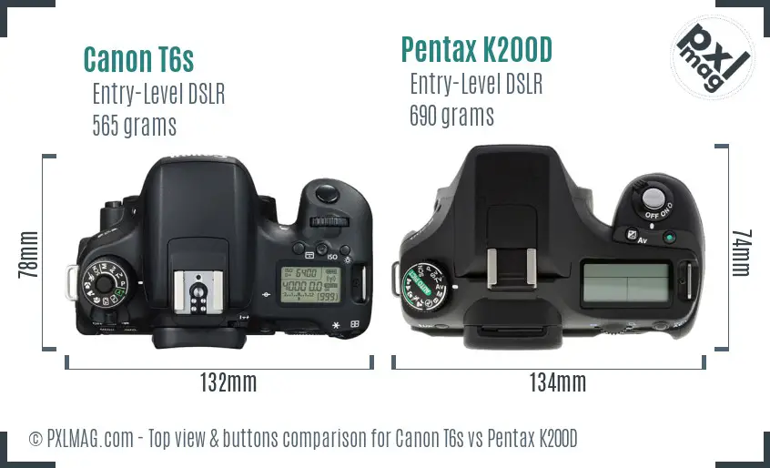 Canon T6s vs Pentax K200D top view buttons comparison