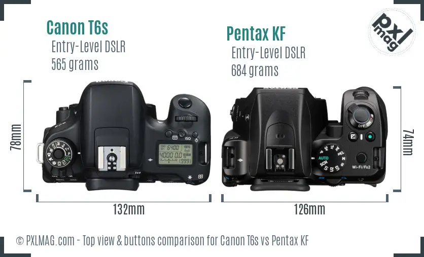 Canon T6s vs Pentax KF top view buttons comparison