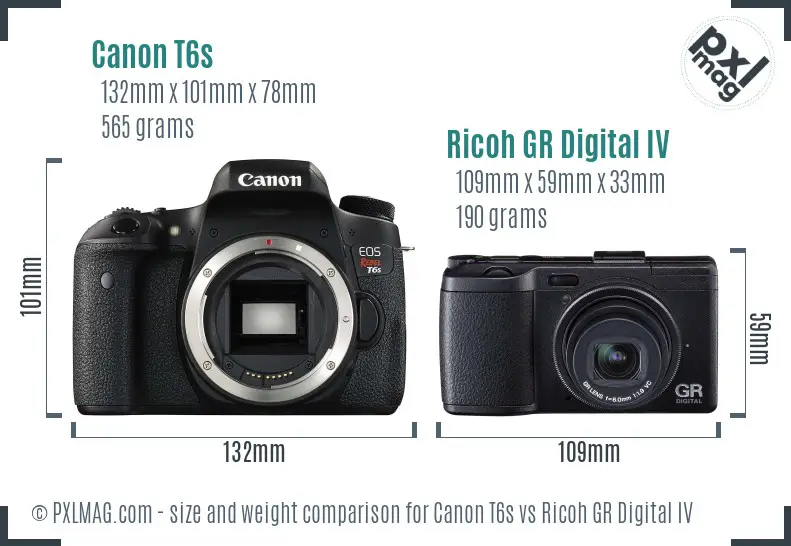 Canon T6s vs Ricoh GR Digital IV size comparison