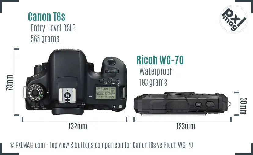 Canon T6s vs Ricoh WG-70 top view buttons comparison