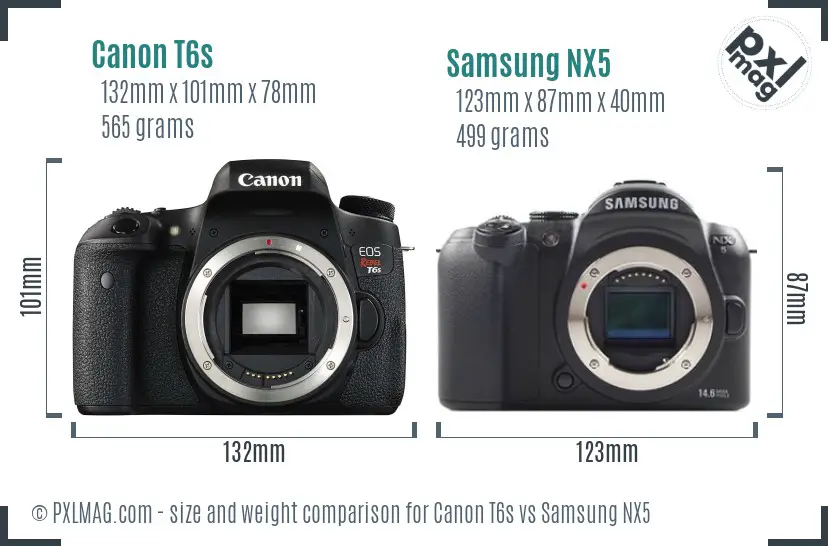 Canon T6s vs Samsung NX5 size comparison