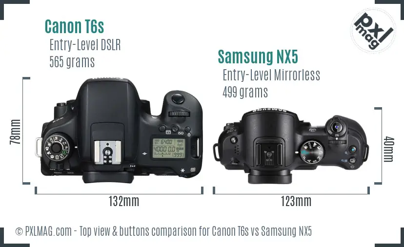 Canon T6s vs Samsung NX5 top view buttons comparison