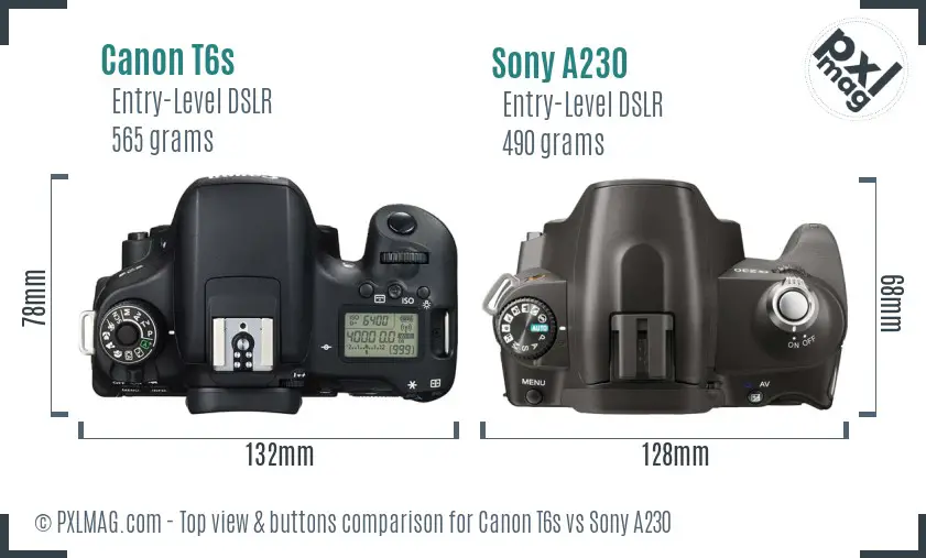 Canon T6s vs Sony A230 top view buttons comparison