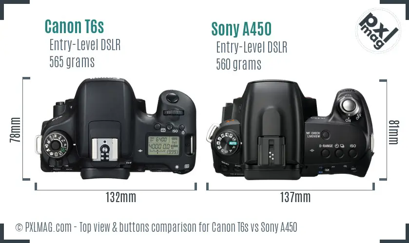 Canon T6s vs Sony A450 top view buttons comparison