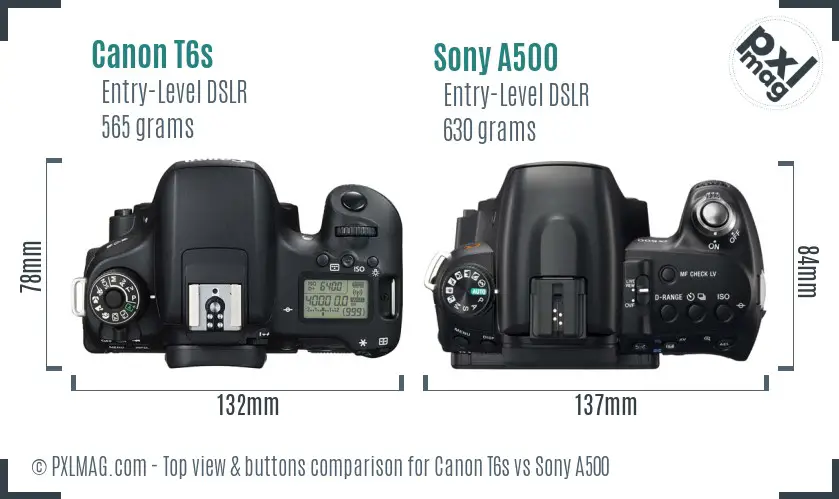 Canon T6s vs Sony A500 top view buttons comparison