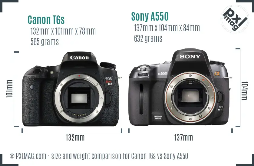 Canon T6s vs Sony A550 size comparison
